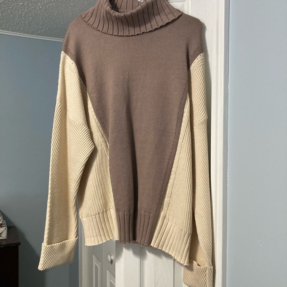 Max Studio Brown and Cream Cowl Neck Sweater